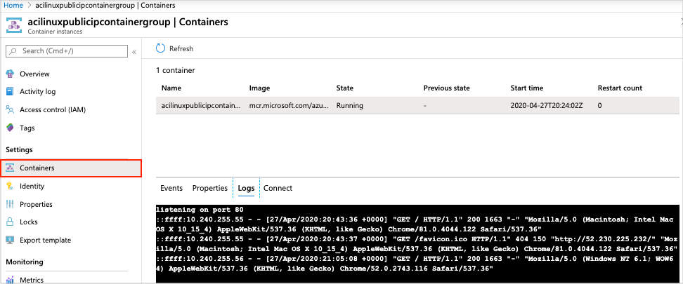 Protokoly kontejneru na webu Azure Portal