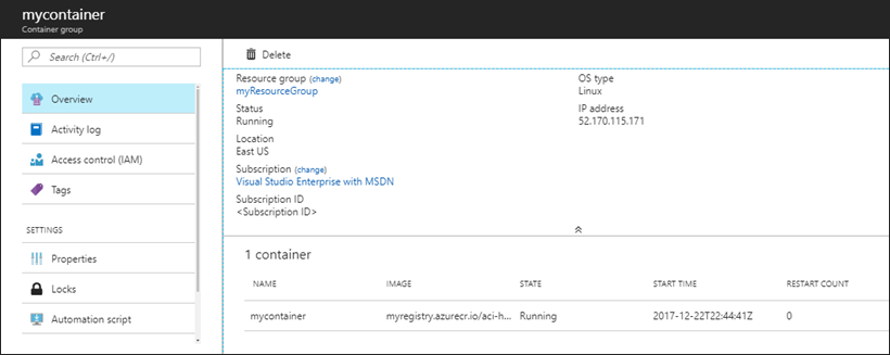 Zobrazení podrobností pro skupinu kontejnerů Azure Container Instances