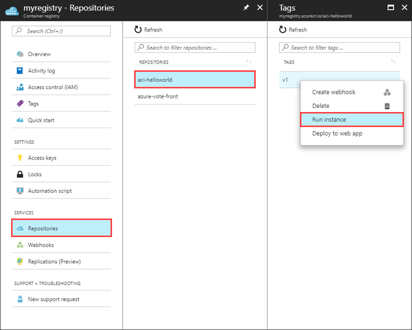 Spuštění instance ve službě Azure Container Registry na webu Azure Portal