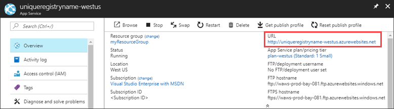 Snímek obrazovky znázorňující přehled služby App Service se zvýrazněnou adresou URL webové aplikace
