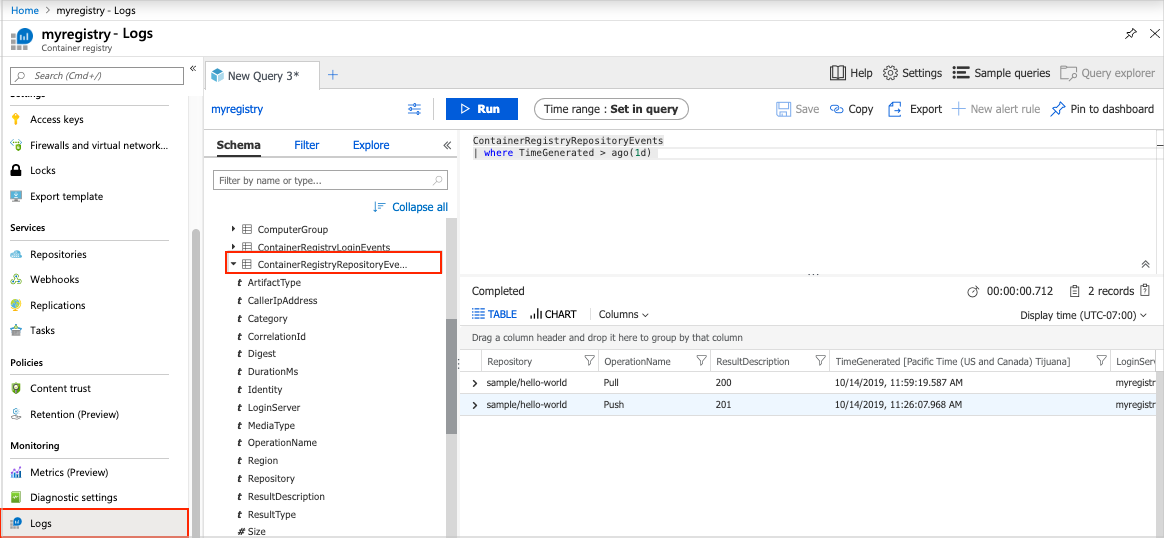 Snímek obrazovky znázorňující data protokolu dotazů na webu Azure Portal