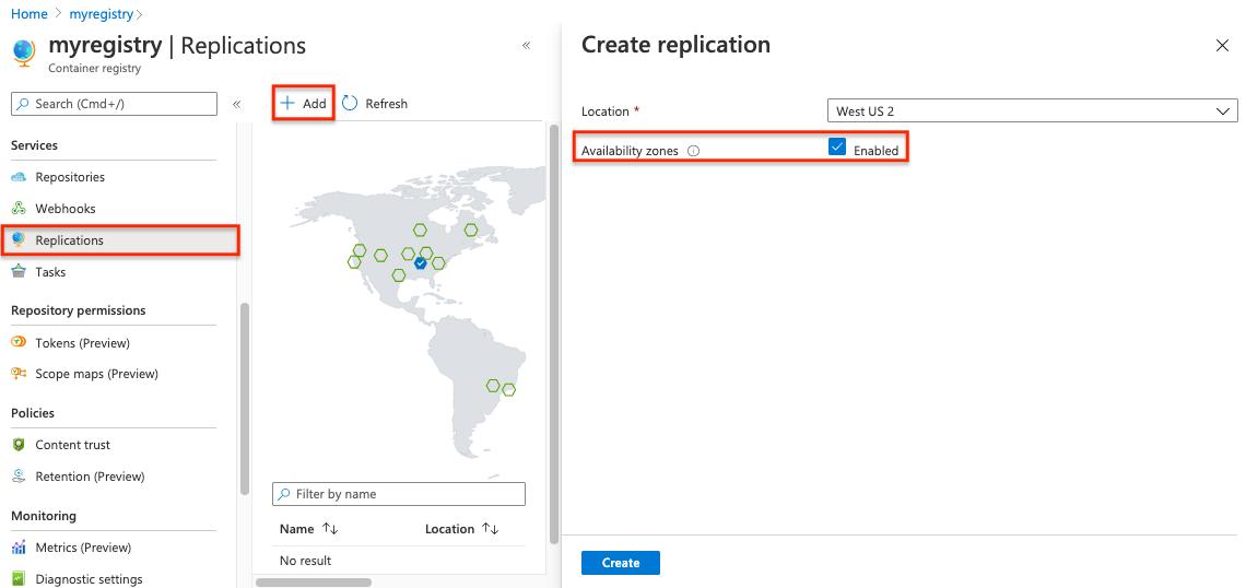 Povolení zónově redundantní replikace na webu Azure Portal