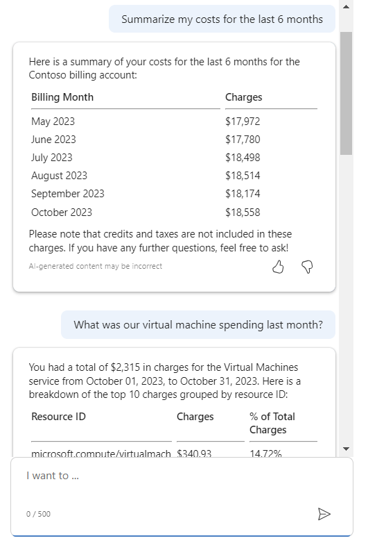 Snímek obrazovky Microsoft Copilotu v Azure se souhrnem nákladů