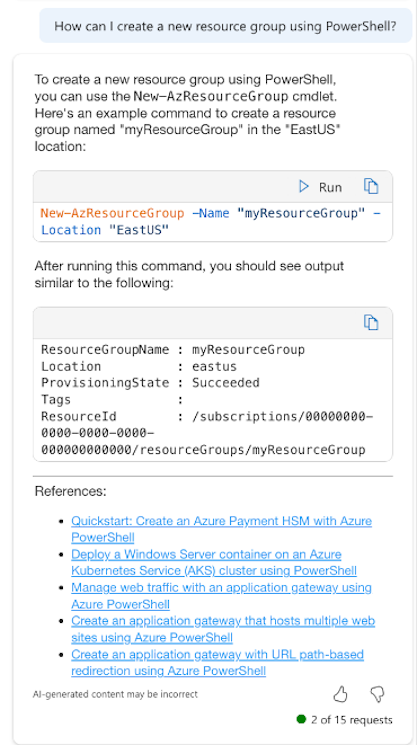 Snímek obrazovky s copilotem v Azure, který poskytuje rutinu PowerShellu pro vytvoření nové skupiny prostředků