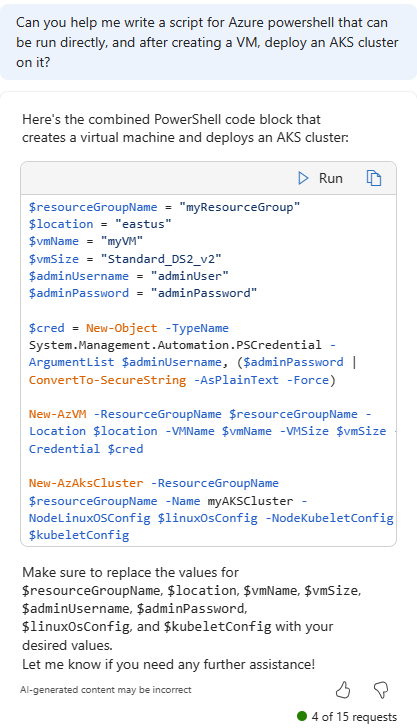 Snímek obrazovky s copilotem v Azure, který poskytuje skript PowerShellu, který vytvoří virtuální počítač a nasadí cluster AKS