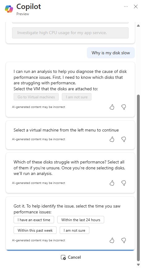 Snímek obrazovky Microsoft Copilotu v Azure s žádostí o potvrzení časového rámce při zahájení problémů s výkonem disku