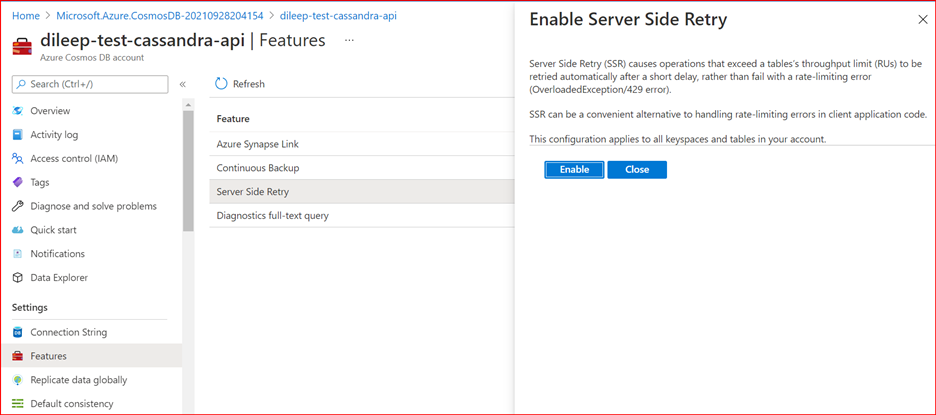 Snímek obrazovky funkce opakování na straně serveru pro Azure Cosmos DB pro Apache Cassandra