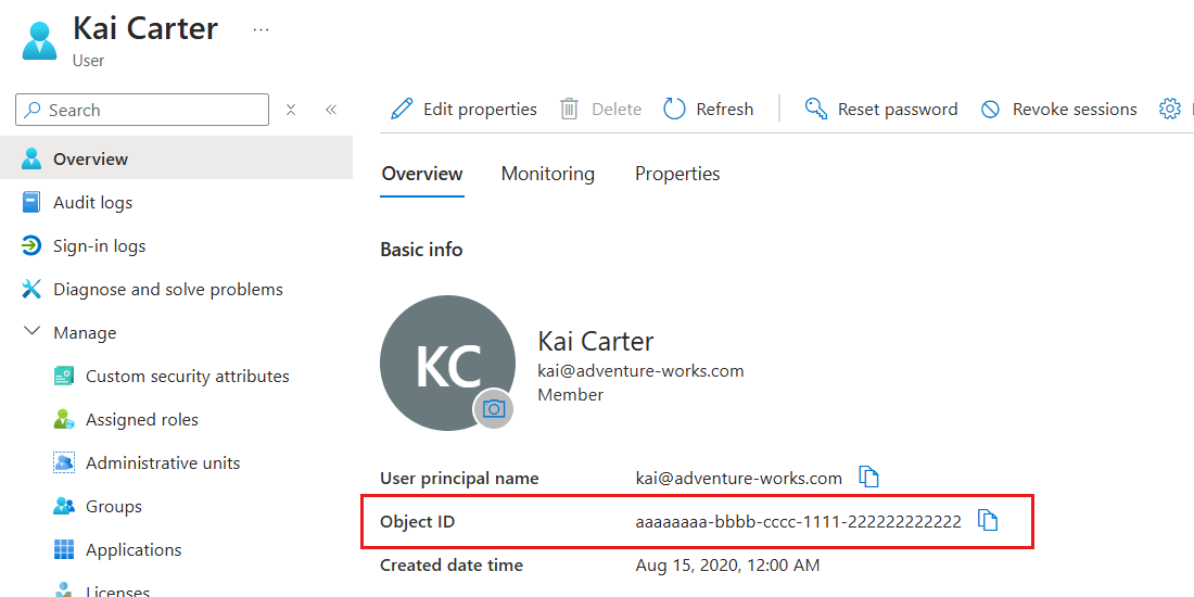 Snímek obrazovky s podoknem podrobností pro konkrétního uživatele v tenantovi Microsoft Entra ID se zvýrazněným jedinečným ID objektu