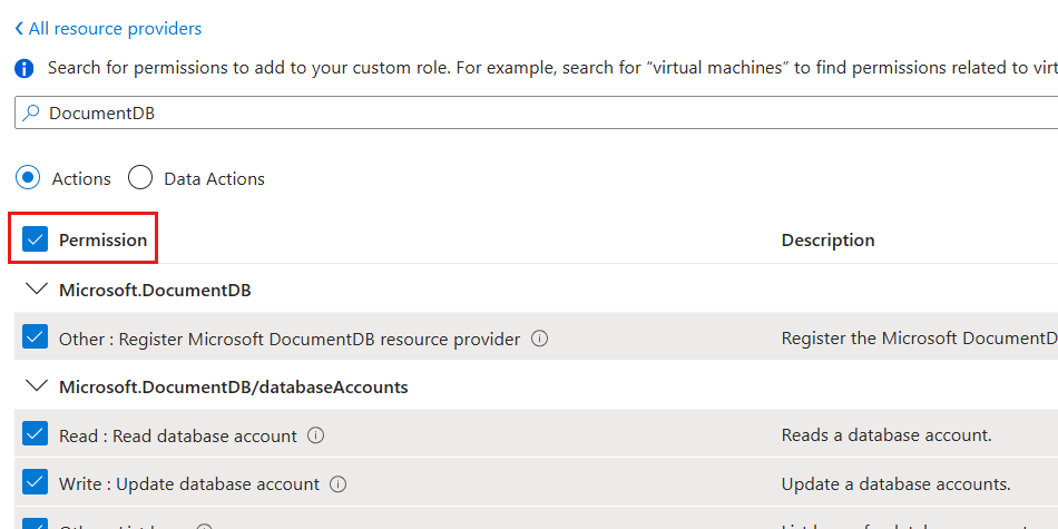 Snímek obrazovky se všemi oprávněními vybranými pro DocumentDB v dialogovém okně pro vlastní roli