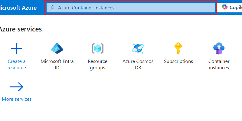 Snímek obrazovky globálního vyhledávacího panelu na webu Azure Portal