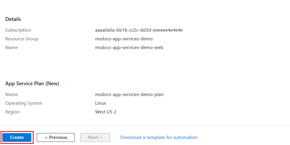 Snímek obrazovky s krokem ověření prostředku v prostředí pro vytváření prostředku webové aplikace