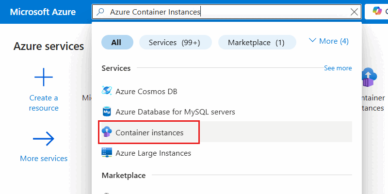 Snímek obrazovky s vybranou možností Container Instances (Instances kontejneru) v nabídce hledání