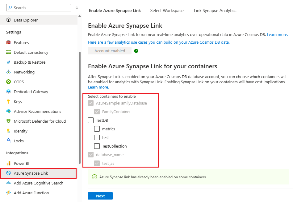 Snímek obrazovky znázorňující, jak zapnout analytické úložiště pro existující kontejner Azure Cosmos DB