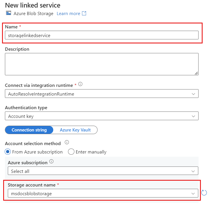 Snímek obrazovky s dialogovým oknem Nová propojená služba s vybraným účtem Azure Blob Storage