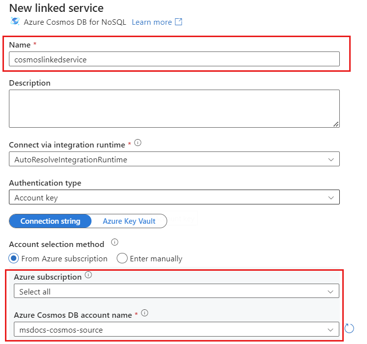 Snímek obrazovky s dialogovým oknem Nová propojená služba s vybraným účtem služby Azure Cosmos DB