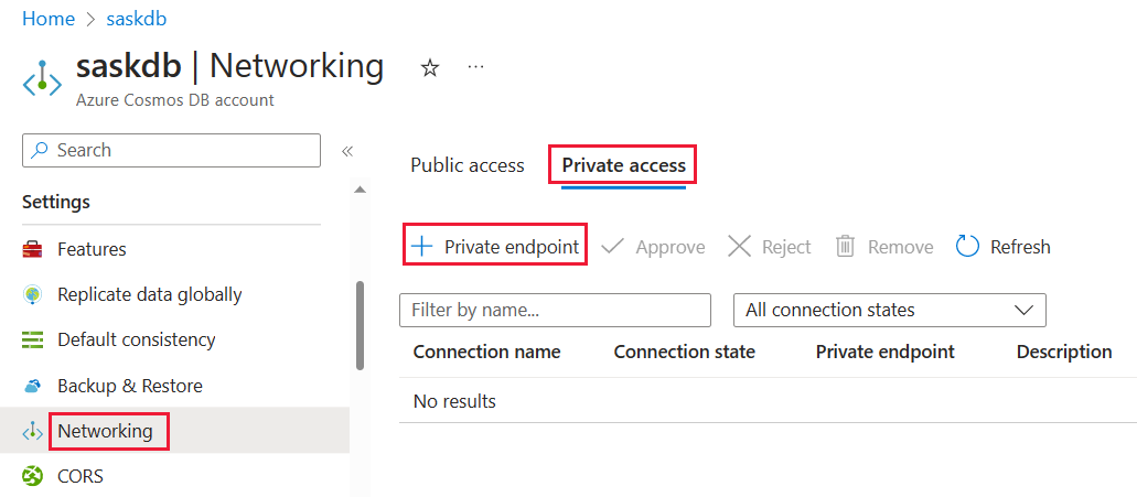 Snímek obrazovky s výběrem pro vytvoření privátního koncového bodu na webu Azure Portal