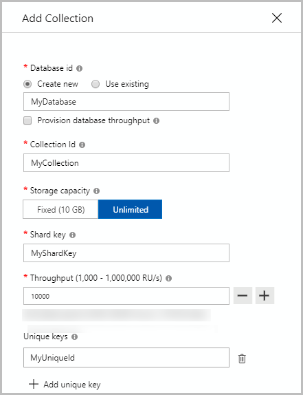 Snímek obrazovky služby Azure Cosmos DB pro MongoDB, dialogové okno Přidat kontejner