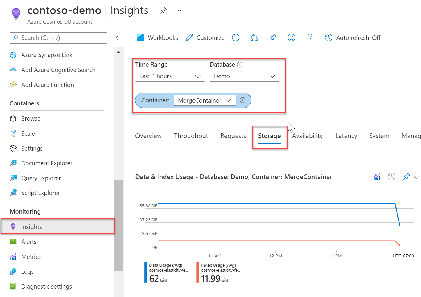 Snímek obrazovky s metrikou úložiště Azure Monitoru (data a index) pro kontejner na webu Azure Portal