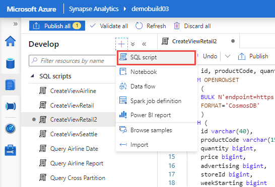 Přidání skriptu SQL do pracovního prostoru Synapse Analytics