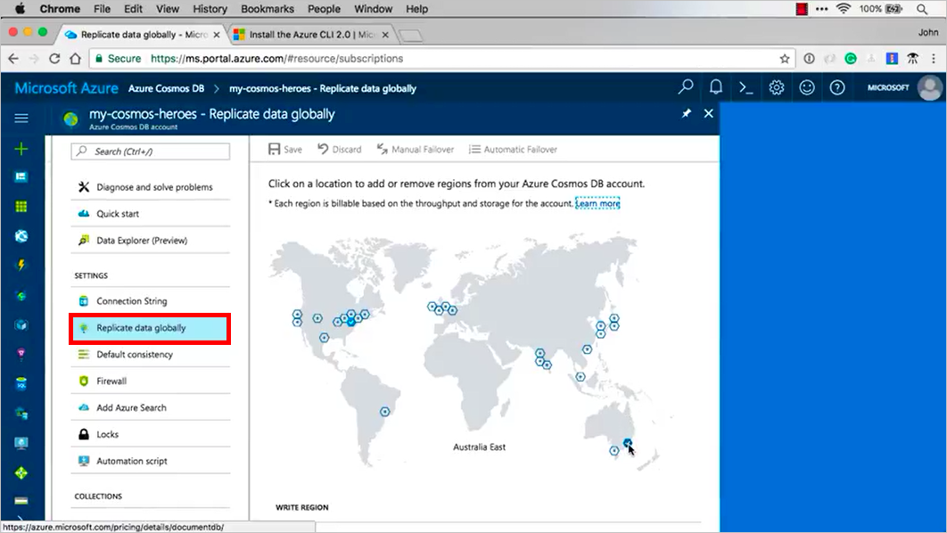 Snímek obrazovky znázorňující účet služby Azure Cosmos DB s globálně vybranou možností Replikovat data