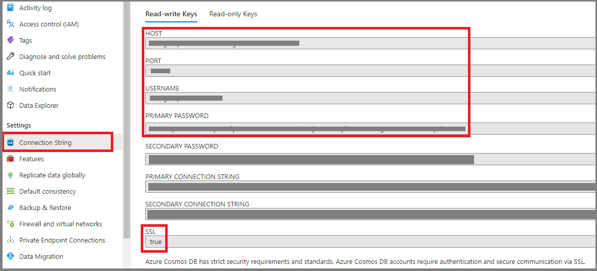 Snímek obrazovky s přihlašovacími údaji služby Azure Cosmos DB