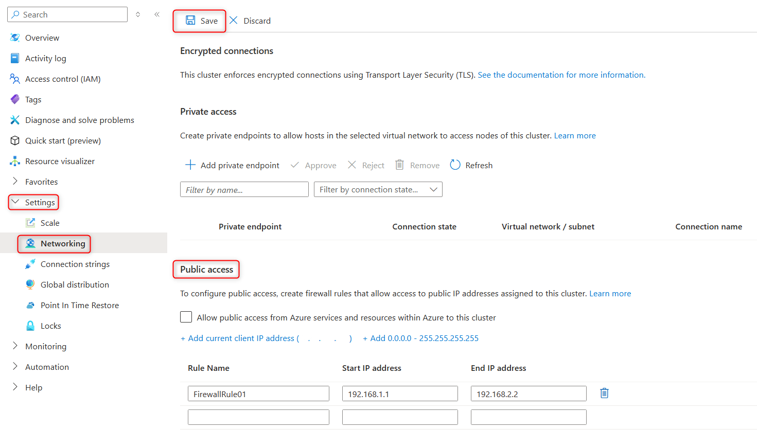 Snímek obrazovky se správou nastavení pravidel brány firewall v clusteru virtuálních jader Azure Cosmos DB pro MongoDB