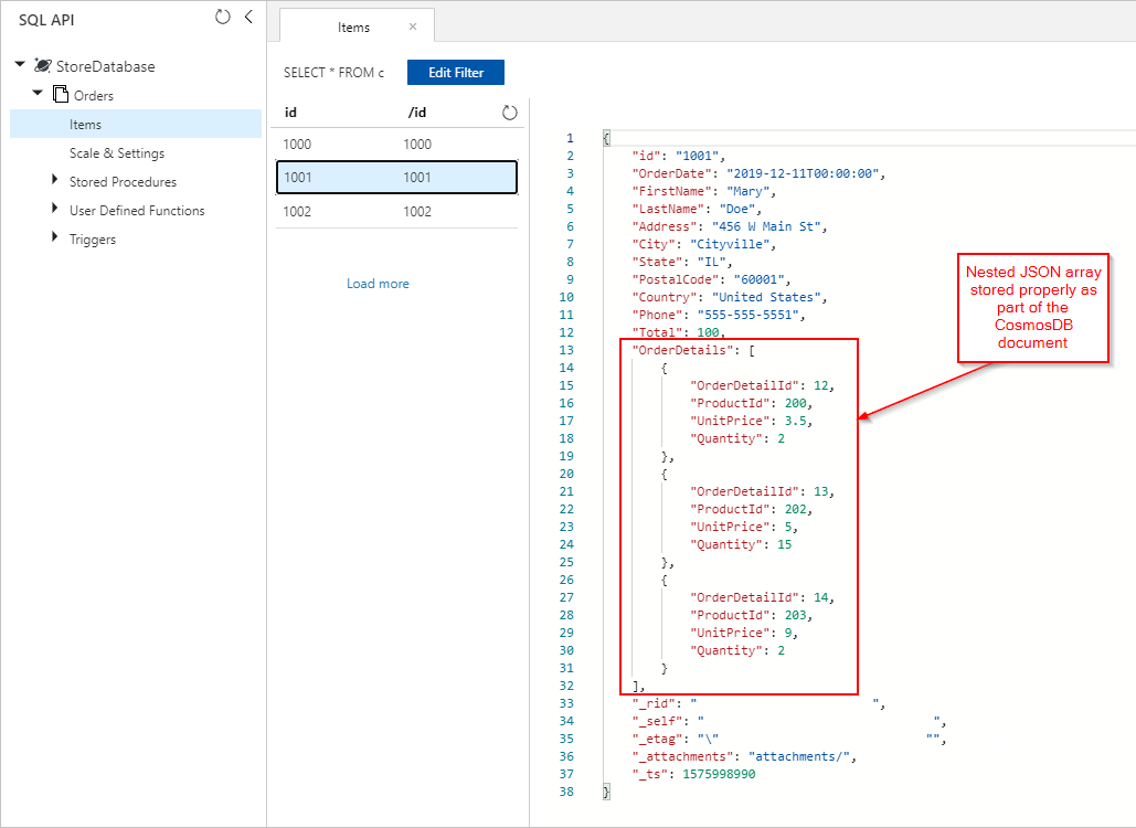 Snímek obrazovky znázorňující podrobnosti objednávky jako součást dokumentu Azure Cosmos DB