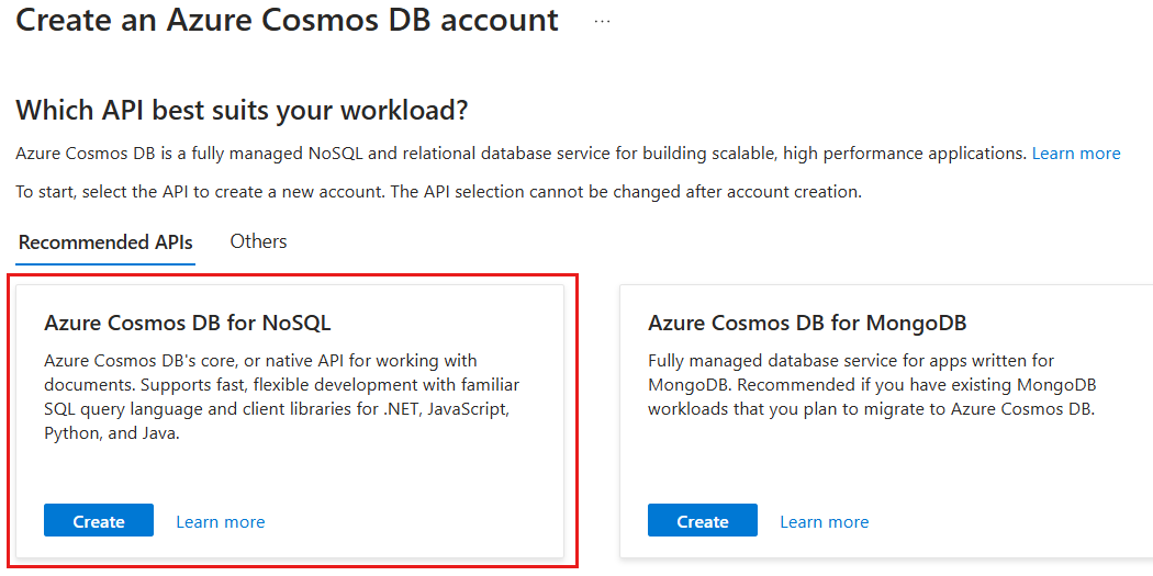 Snímek obrazovky s podoknem výběru rozhraní API služby Azure Cosmos DB se zvýrazněným rozhraním API for NoSQL