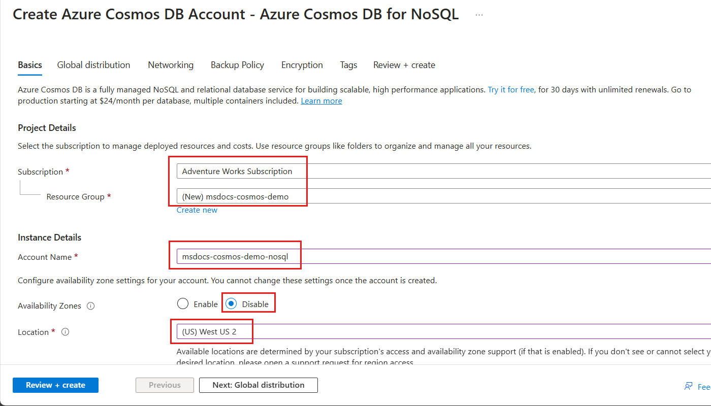 Snímek obrazovky s podoknem Vytváření prostředků Azure Cosmos DB for NoSQL v podokně Základy