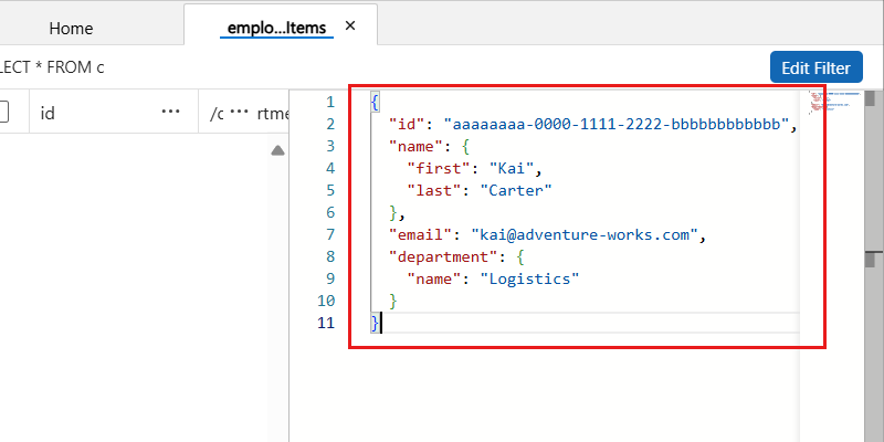 Snímek obrazovky s obsahem JSON pro novou položku v Průzkumníku dat