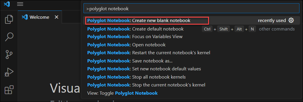 Snímek obrazovky s příkazem Vytvořit nový poznámkový blok Polyglot v editoru Visual Studio Code