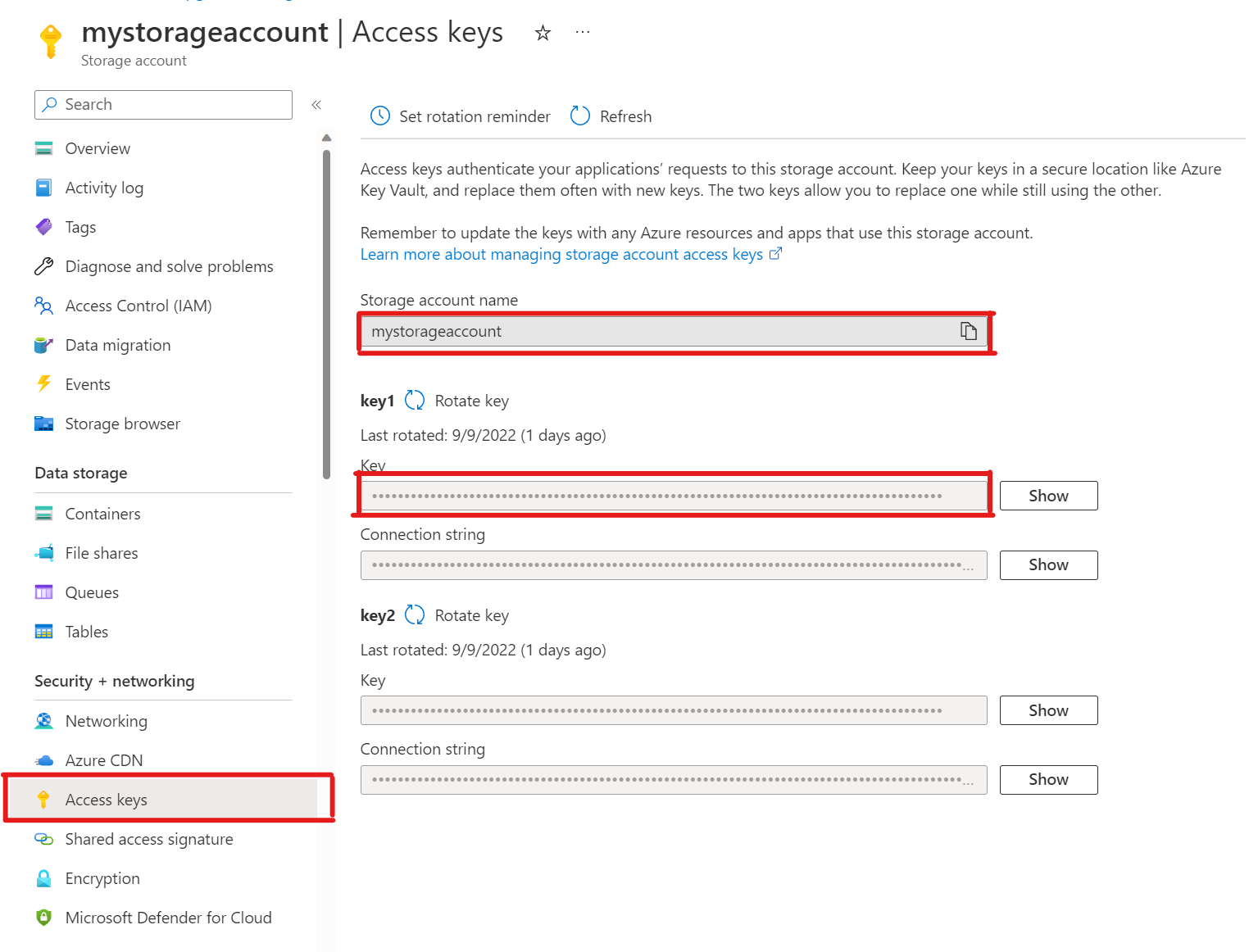 Snímek obrazovky části Zabezpečení a přístupové klíče sítě > na stránce Azure Blob Storage na webu Azure Portal