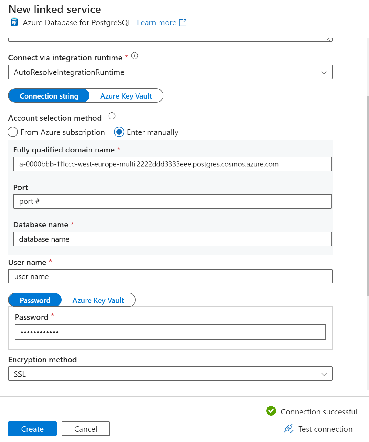 Snímek obrazovky znázorňující konfiguraci jímky ve službě Azure Data Factory