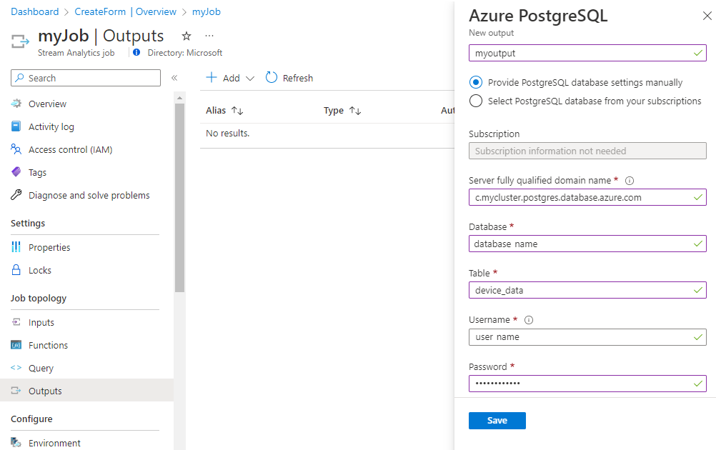 Konfigurace výstupu úlohy ve službě Azure Stream Analytics