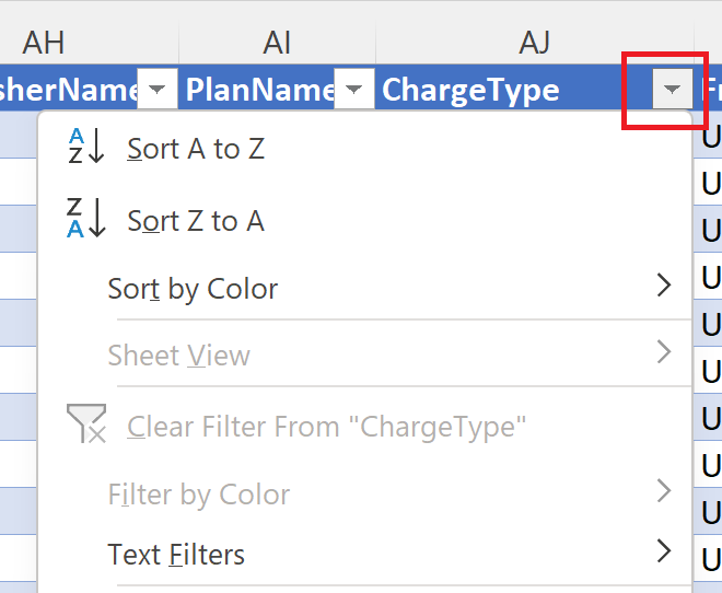 Snímek obrazovky znázorňující výběr ChargeType