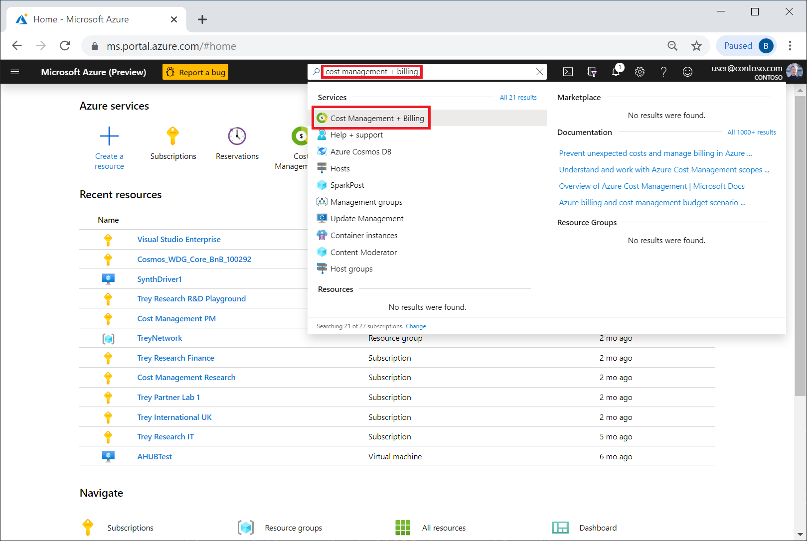 Snímek obrazovky znázorňující hledání služby Cost Management a fakturace na webu Azure Portal