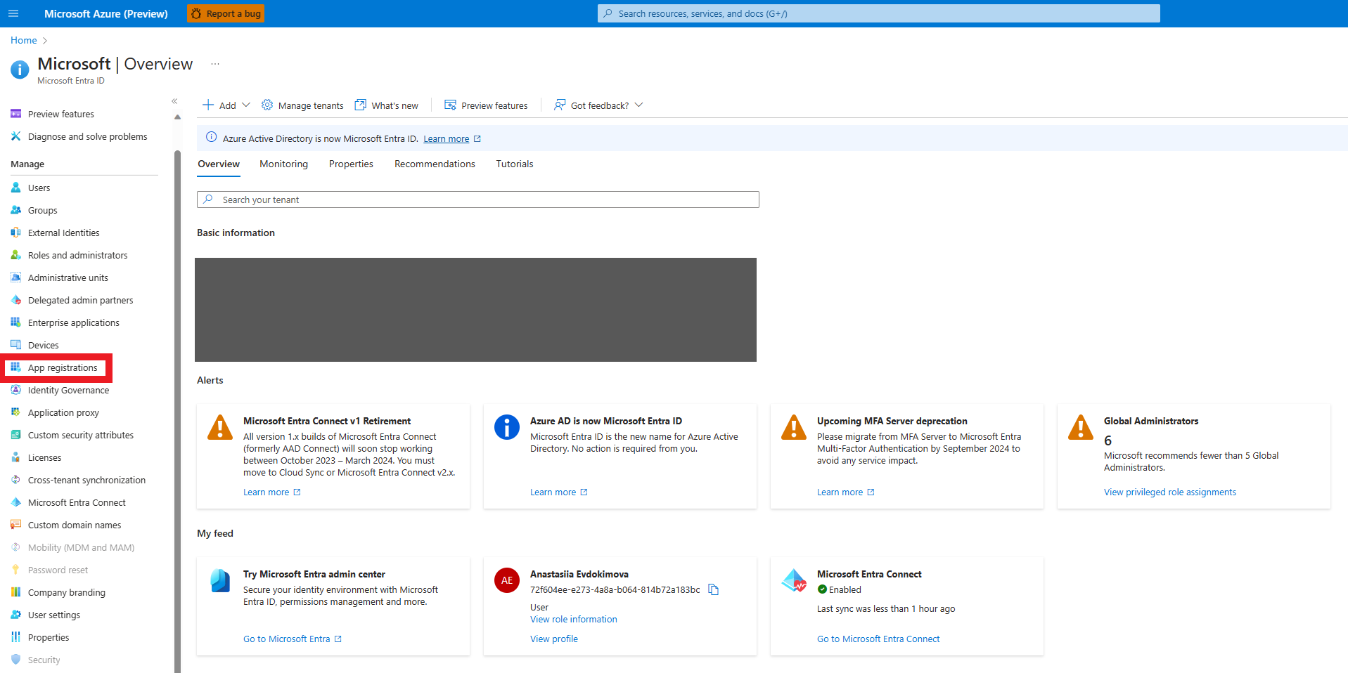 Umístění karty Registrace aplikací na webu Azure Portal