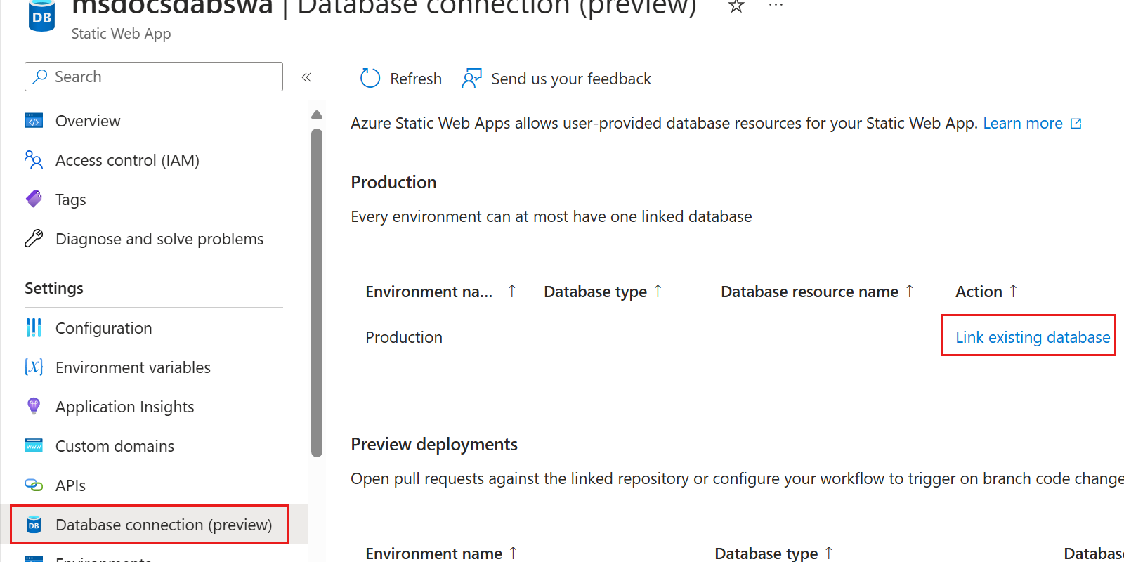 snímek obrazovky s možností Připojení k databázi na stránce Azure Static Web Apps na webu Azure Portal