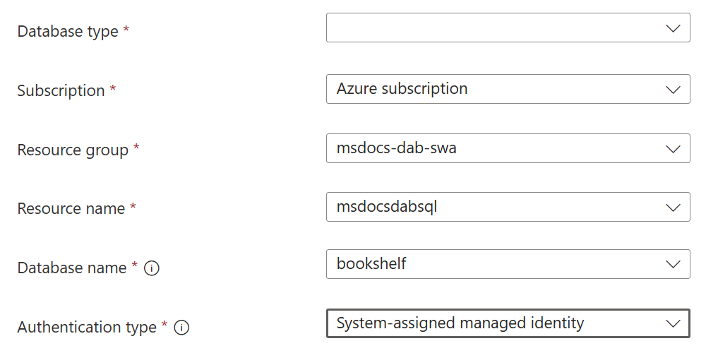 snímek obrazovky s dialogovým oknem Propojit databázi pro připojení k databázím na stránce Azure Static Web Apps na webu Azure Portal