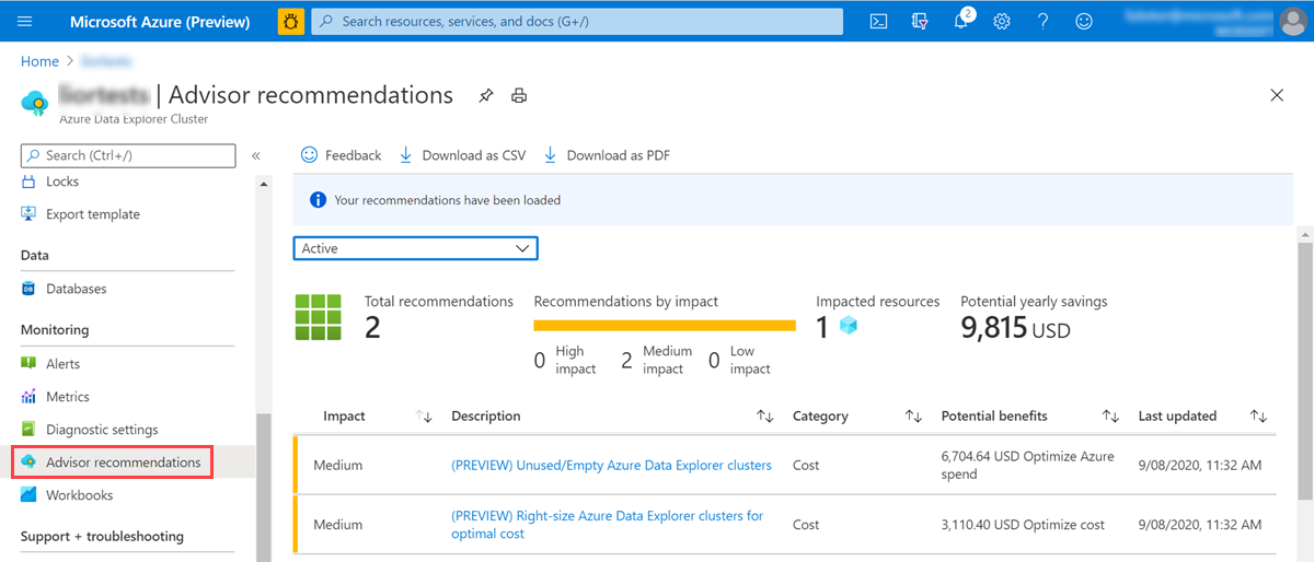 Doporučení Azure Advisoru pro váš cluster Azure Data Exploreru