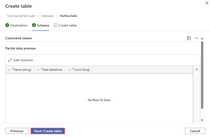 Snímek obrazovky s průvodcem vytvořit prázdnou tabulku se vstupem schématu v Azure Data Exploreru