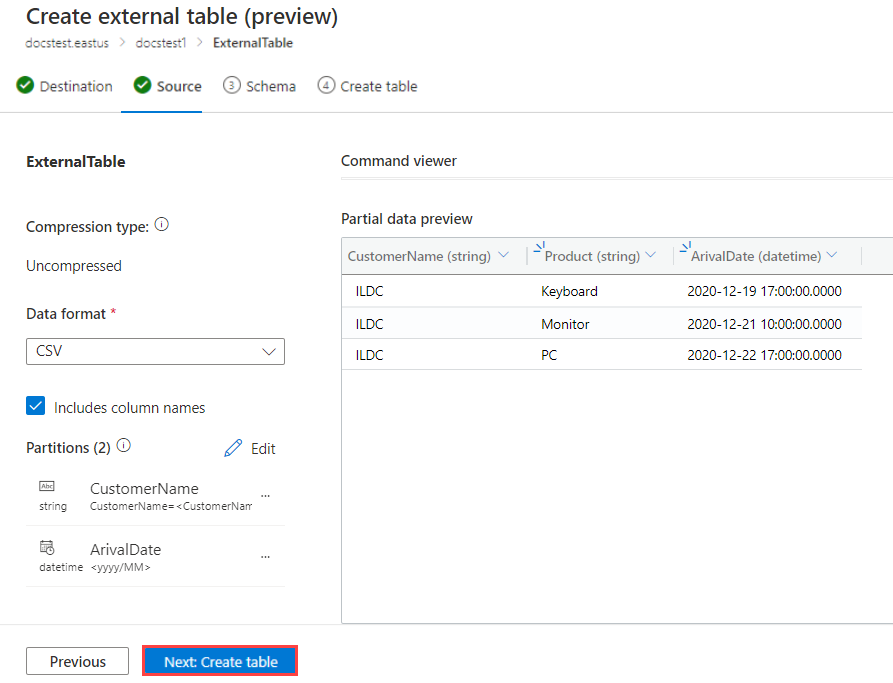 Snímek obrazovky s externí tabulkou schématu v Azure Data Exploreru