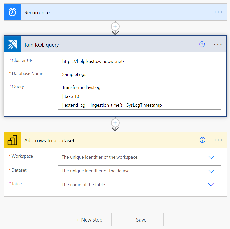 Snímek obrazovky konektoru Power BI zobrazující přidání řádku do akce datové sady