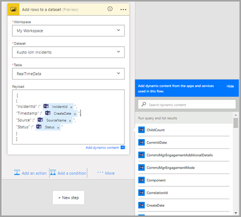 Snímek obrazovky s akcí Power BI zobrazující pole akcí