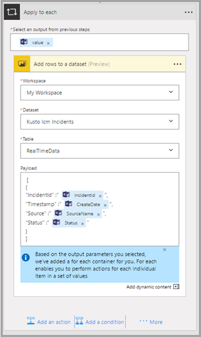 Snímek obrazovky s akcí Power BI pro každý řádek