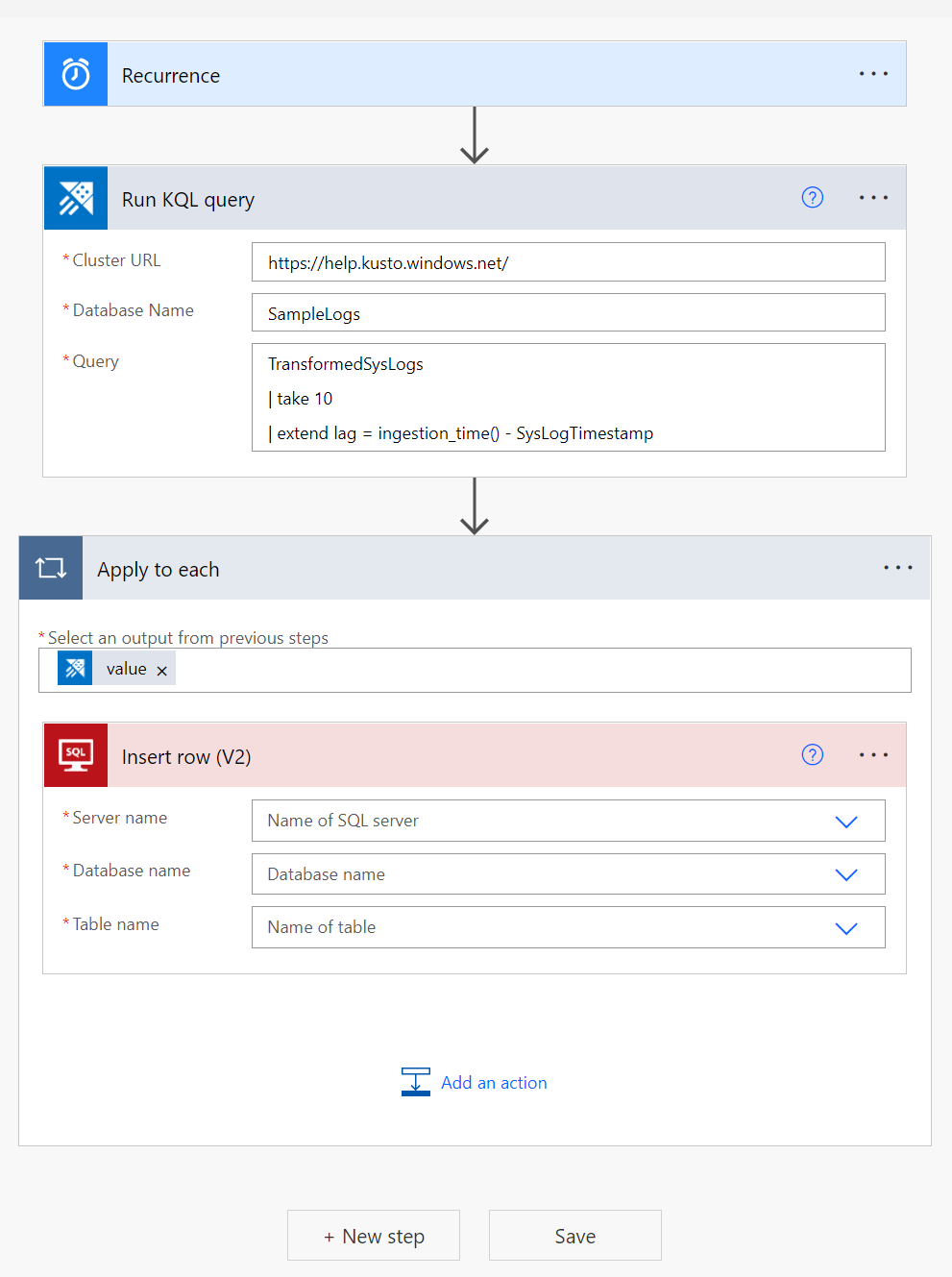 Snímek obrazovky konektoru SQL zobrazující dotazování dat pomocí konektoru Power Automate