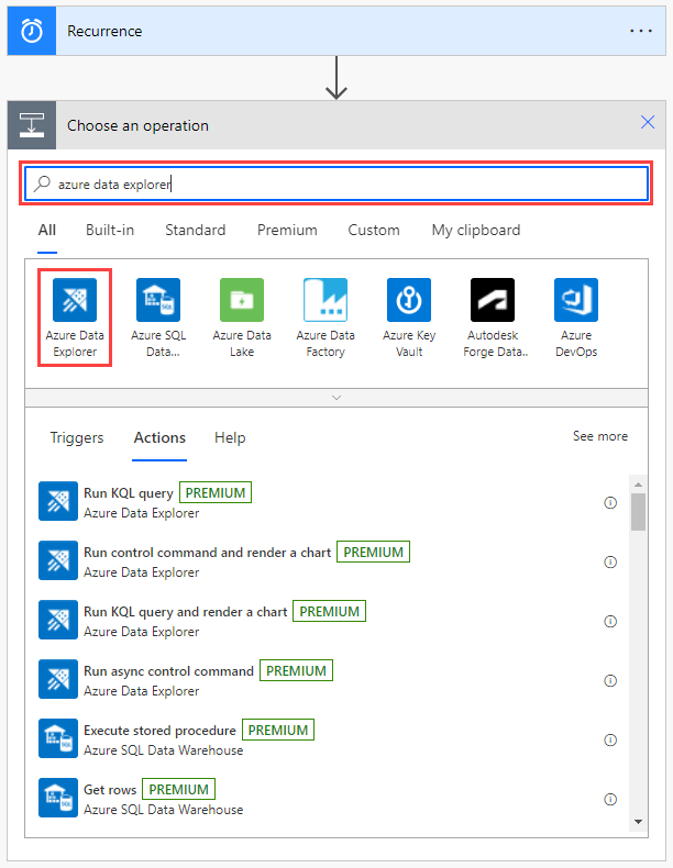 Snímek obrazovky s oknem Zvolit operaci a zvýrazněným vyhledávacím polem a Azure Data Explorerem