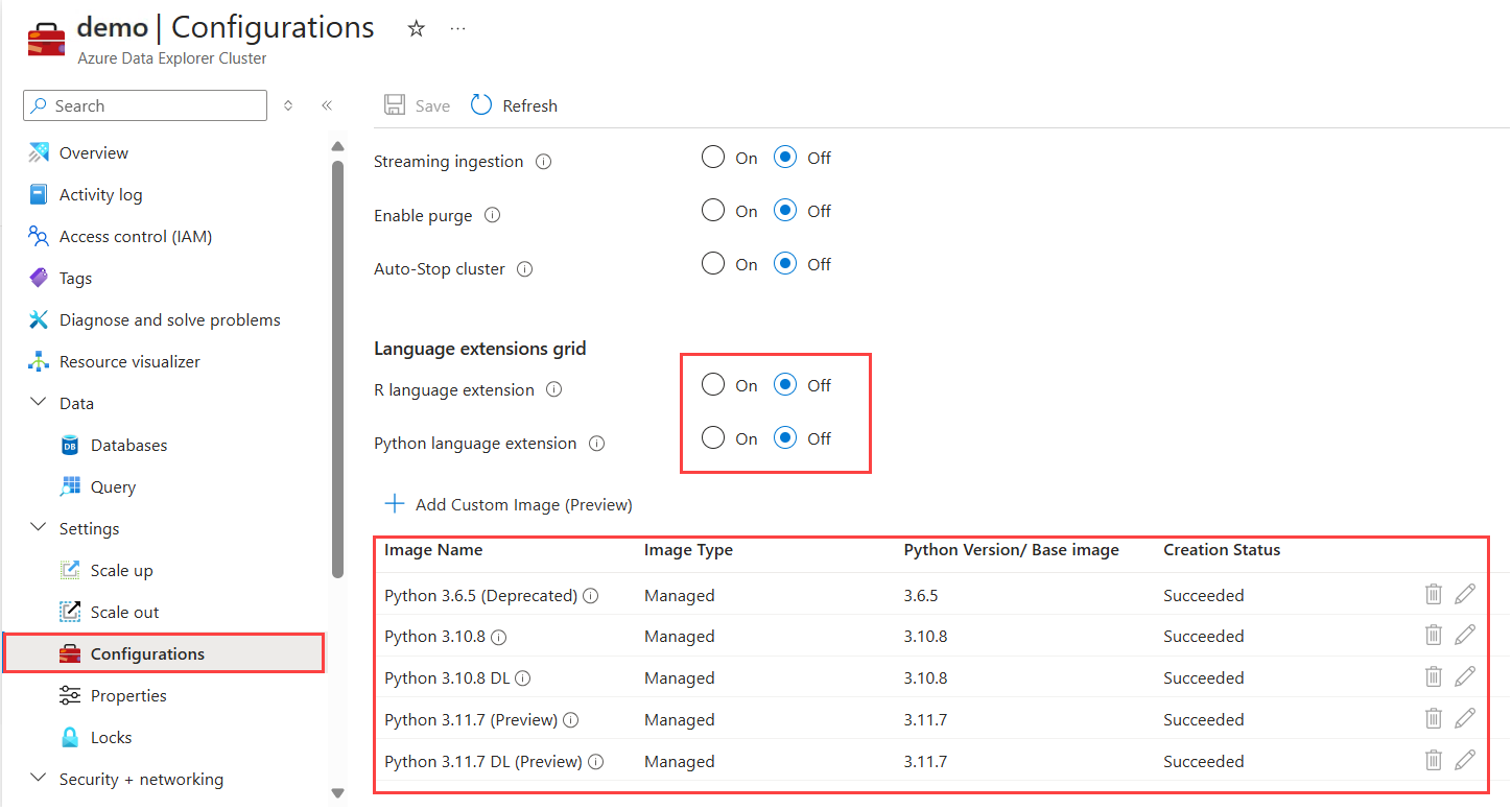 Snímek obrazovky se stránkou konfigurace clusteru Azure Data Exploreru zobrazující možnosti povolení rozšíření jazyka