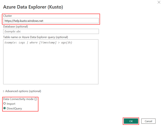 Snímek obrazovky s oknem připojení Azure Data Exploreru (Kusto) s adresou URL clusteru nápovědy s vybranou možností DirectQuery