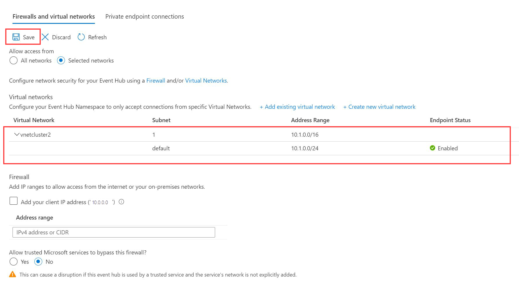 Přidejte virtuální síť a podsíť v centru událostí pro připojení k Azure Data Exploreru.